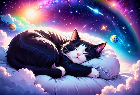 anime style, detailed illustration, a cute sleeping cat, extra fluffy, curled up, eyes closed, on floating pillow, cloud, stars, moons, all planets, rainbows, shooting star, comet, galaxies, nebula, [[[[embrace the kitsch]]]], dream, ethereal, misty, calm, soft lighting, Jed-Cosmos, damagedphoto, ((((vignette, black vignette, soft blurred edges))))