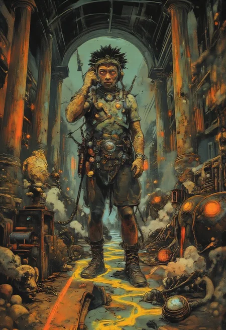 A full-body hyper-realistic digital RetroSci style artwork of a medieval Roman man, styled after Alexander the Great, with intense eyes and a commanding presence. He stands in an unexpected pose, dialing an old-fashioned telephone with one hand, the vintage device starkly contrasting with his finely tailored Roman tunic and intricate armor details. His other hand adjusts the laurel wreath that rests on his brow, adding a surreal touch to the scene. The floor around him is covered with unique objects: a tarnished brass compass, an ancient scroll partially unrolled, a polished marble bust of a Roman emperor, a rusted sword lying next to a pile of vintage leather-bound books, and a small bronze shield with faded engravings. The background is a striking blend of ancient Roman architecture, featuring towering columns and stone walls, interspersed with sleek, modern technology like glowing neon lights and a computer monitor in the corner. An optical illusion of PschadelicPopSurrealism blended with black-and-white angular lines sprawls across the floor, adding depth and enhancing the surreal contrast between the past and the present. His stoic expression reflects the eternal tension between past glory and the bewilderment of the modern world. High quality rendering.