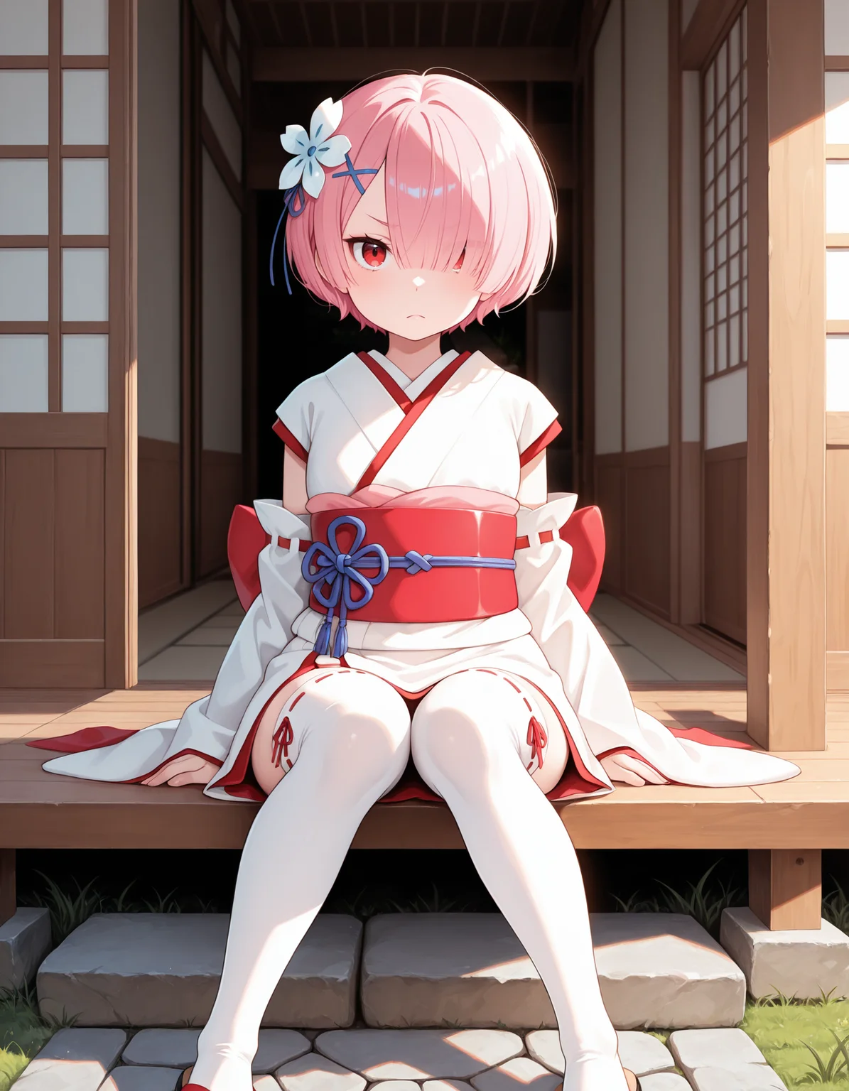 <lora:Ram Illu:1>1girl, solo,
r4m, short hair, pink hair, hair over one eye, red eyes,
r4mpast, white thighhighs, japanese clothes, obi, short white kimono, hair flower, white flower, detached sleeves, long long sleeves, sandals, ribbon trimmed legwear, red back bow, x hair ornament, single ribbon bow,
sitting, looking at viewer, straight-on, frown,
outdoors, sliding doors, east asian architecture, sunlight, grass, stone path,
<lora:cfg_scale_boost:0.7>, masterpiece, best quality, amazing quality