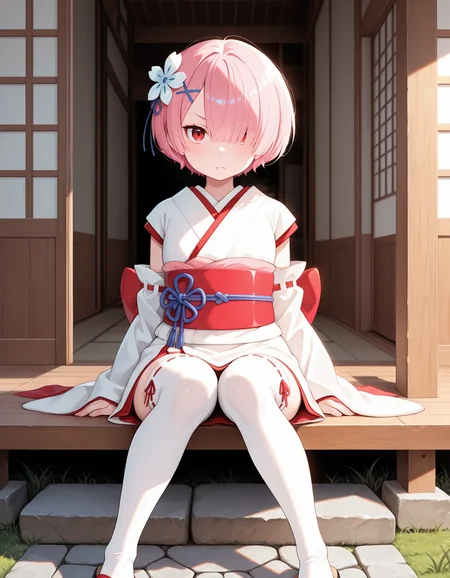 <lora:Ram Illu:1>1girl, solo,
r4m, short hair, pink hair, hair over one eye, red eyes,
r4mpast, white thighhighs, japanese clothes, obi, short white kimono, hair flower, white flower, detached sleeves, long long sleeves, sandals, ribbon trimmed legwear, red back bow, x hair ornament, single ribbon bow,
sitting, looking at viewer, straight-on, frown,
outdoors, sliding doors, east asian architecture, sunlight, grass, stone path,
<lora:cfg_scale_boost:0.7>, masterpiece, best quality, amazing quality