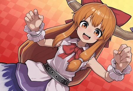 best quality, masterpiece, dutch angle, looking at viewer,
1girl, solo, yamin \(cookie\), (ibuki suika:0.5),
orange hair,
standing, leaning backward,
spread arms, curled fingers, hands up,
collared shirt, red bowtie, red hair bow, torn clothes,
sleeveless,
:D, smile, tareme,
dynamic pose,
(checkered background:1.2),
red background, yellow background,