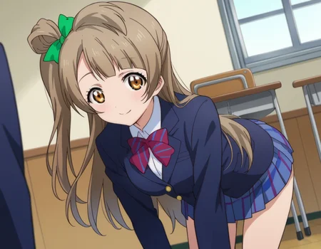 score_9, score_8_up, score_7_up, source_anime,
kotoriminami, <lora:kotori-minami-s1-ponyxl-lora-nochekaiser:1>,
kotori minami, brown hair, brown eyes, one side up, hair ribbon, ribbon, long hair,
blazer, blue skirt, jacket, otonokizaka school uniform, pleated skirt, school uniform, winter uniform,
indoors, classroom, bent over, smile,
looking at viewer, dutch angle, cowboy shot,