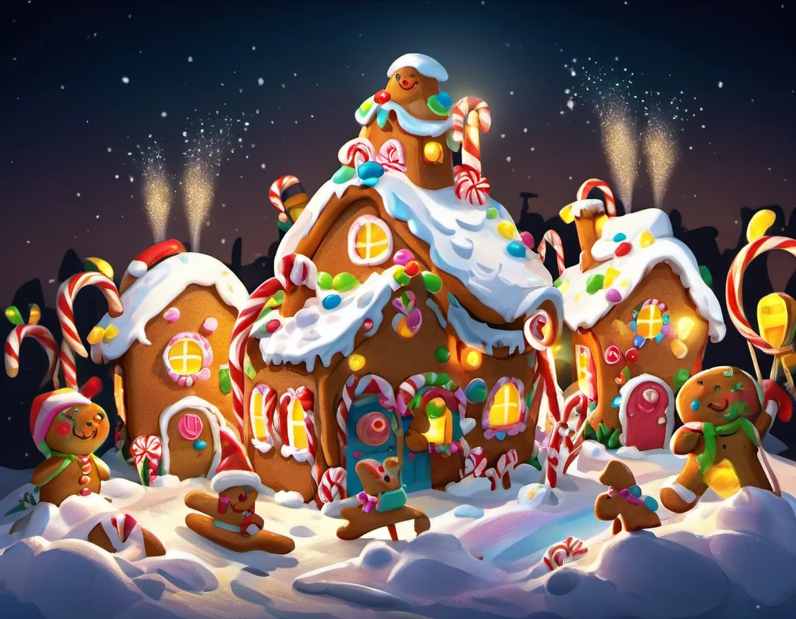 Gingerbread Village: Sweet aroma, icing-covered houses, candy cane lampposts, gingerbread people, frosting snow., detailed, sub surface scattering, particles, dust, sharp focus, glow <lora:MODILL_XL_0.27_RC:0.9>