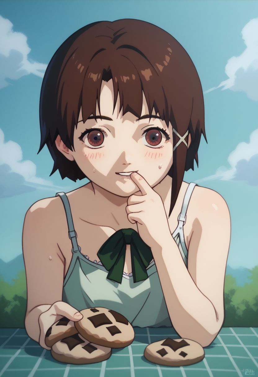 score_9, score_8_up, score_7_up, score_6, source_anime, lain, brown hair, ((light green camisole, green bowtie, table, tartan tablecloth)), ((bulimic, biting finger, excited look, hyped, sweating)), (((very large big oversized cookies pile stackpile)))), cute, chubby, (chibi), dessert close view, clouds sky background, outdoors, airborne