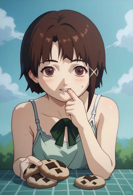 score_9, score_8_up, score_7_up, score_6, source_anime, lain, brown hair, ((light green camisole, green bowtie, table, tartan tablecloth)), ((bulimic, biting finger, excited look, hyped, sweating)), (((very large big oversized cookies pile stackpile)))), cute, chubby, (chibi), dessert close view, clouds sky background, outdoors, airborne