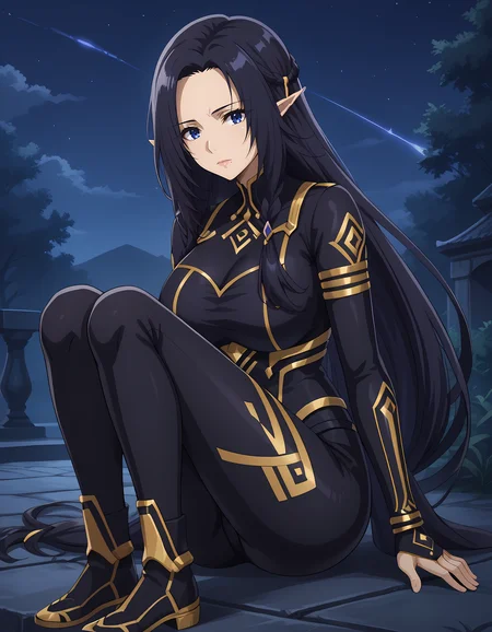 <lora:Gamma_Eminence_in_Shadow:1>gamma_eminence, pointy ears, 1girl, solo, elf, large breasts, long hair, black hair, looking at viewer, blue eyes, braid, mole under mouth, anime coloring, black bodysuit, gold markings, full body, sitting, outdoors, night