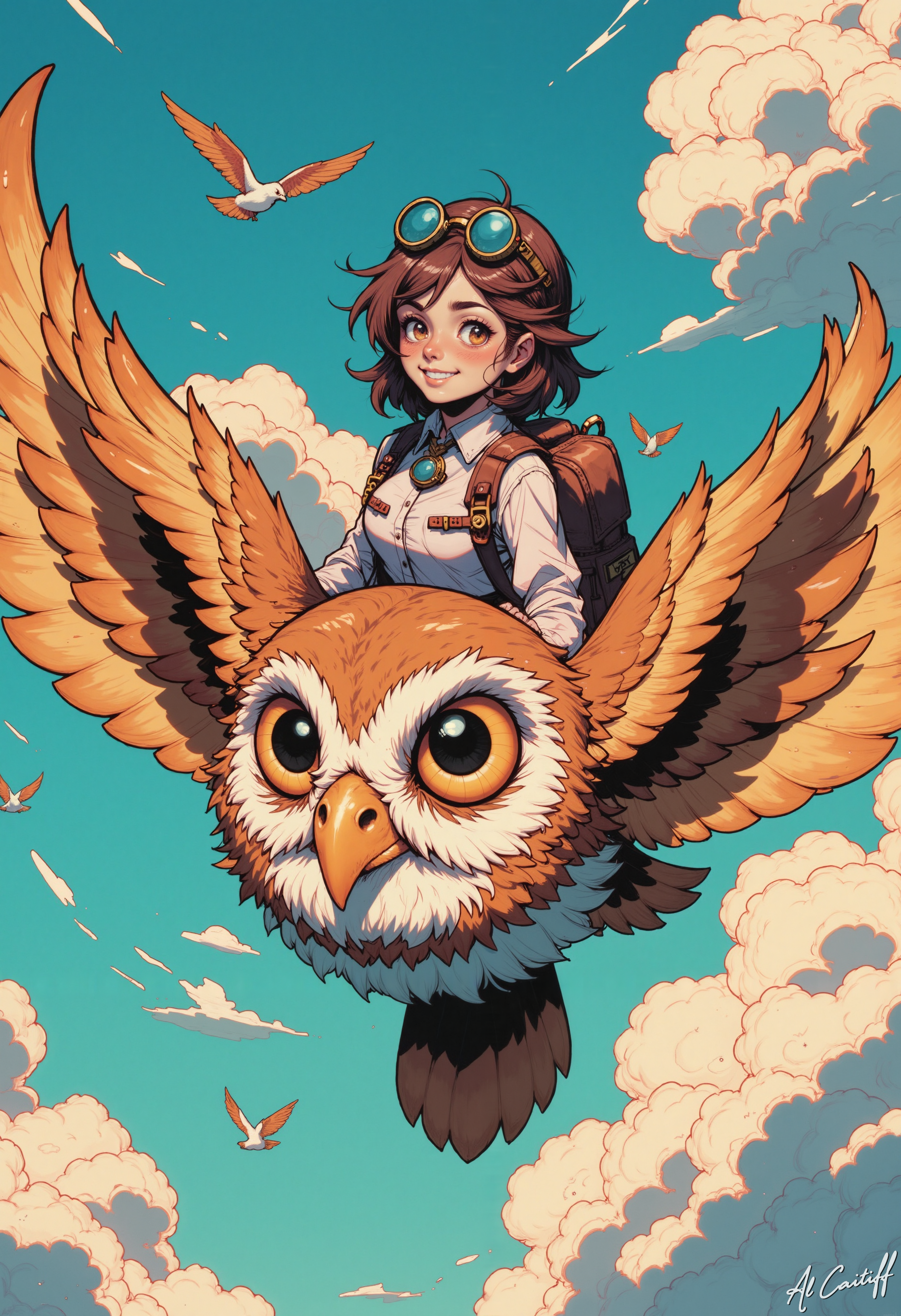 MysticComic, bird's eye dynamic shot up in the blue sky, A girl with steampunk goggles and a backpack, sits atop a mechanical owl, soaring through a cloudy sky.  Steampunk aesthetic,  impressionistic style.  The girl has long brown hair, a cheerful smile, and wears a light-colored shirt; The owl is richly detailed with varying shades of brown, beige, and gold. Its large, round golden-yellow eyes stand out in the image. The mechanical owl has intricate steampunk-style components. The sky is filled with various shades of blue, pale yellow, and white clouds.  Numerous, stylized birds are interspersed throughout the scene. The overall impression is one of fantasy, adventure, and a sense of freedom and joyful flight. Soft colors with some subtle highlights.  Focus on the girl and the owl as the main subjects.  Detailed wings and feathers.  Mechanical parts are detailed but not overwhelming.<lora:CustomFlux/MysticComic-v3.safetensors:1.0:1.0>