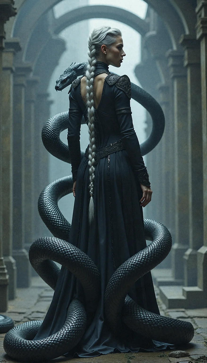 The Serpent Empress stands with her back to the viewer, head turned slightly to the side, revealing a glimpse of her piercing red eyes. Her long, silver braid hangs down her back, contrasting with her dark, intricately designed outfit. The serpents encircle her, their bodies coiled and tense. The misty backdrop and sharp shadows emphasize the photorealistic details of her attire and the texture of the serpents' scales.