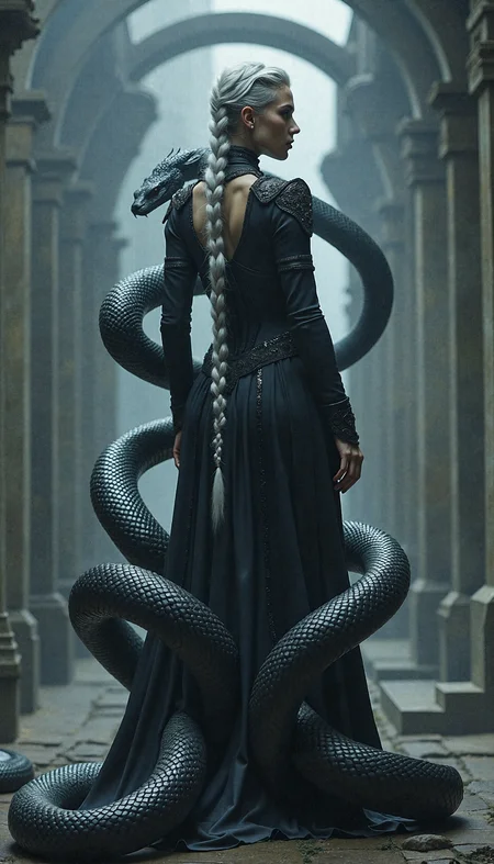 The Serpent Empress stands with her back to the viewer, head turned slightly to the side, revealing a glimpse of her piercing red eyes. Her long, silver braid hangs down her back, contrasting with her dark, intricately designed outfit. The serpents encircle her, their bodies coiled and tense. The misty backdrop and sharp shadows emphasize the photorealistic details of her attire and the texture of the serpents' scales.
