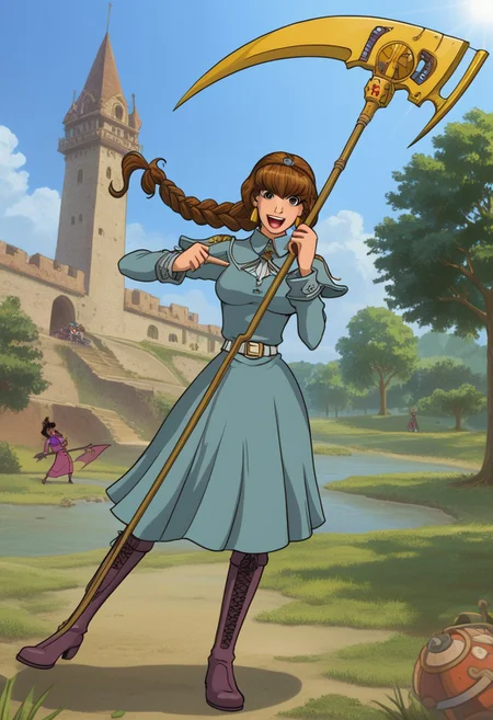happy girl, random_combat_action_pose, scythe (4K4BUR5TYL3)