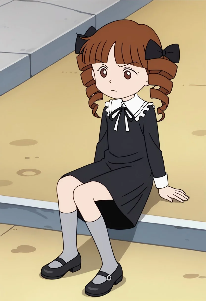 score_9, score_8_up, score_7_up BREAK HimekoJ, 1girl, brown hair, hair drills, blunt bangs, brown dot eyes, black ribbons, white-collared long-sleeved black dress, gray socks, black mary-jane shoes, gothic clothes, goth fashion, screenshot, official art, parody, anime footage, official design, screencap, anime screenshot, official screenshot, 2d, anime, source_anime, bored, full body,