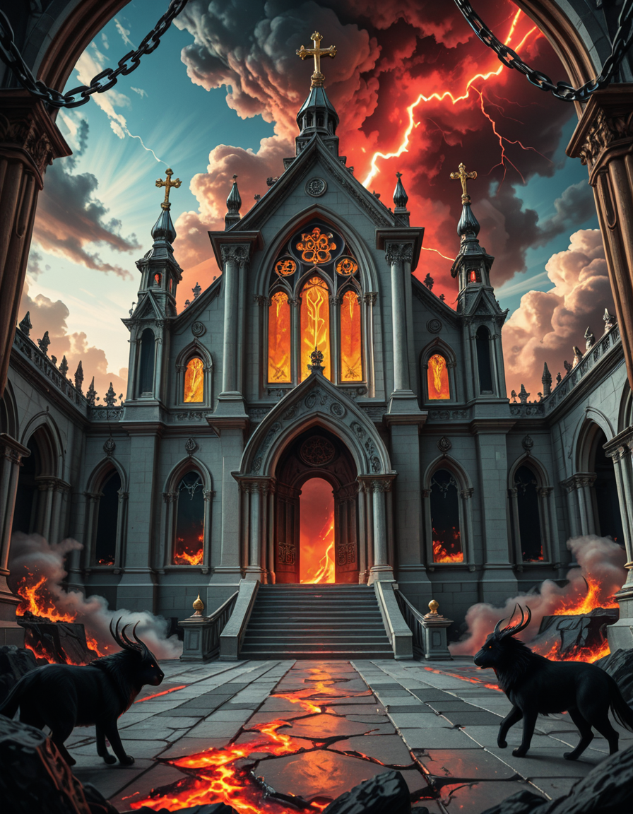 A once-majestic celestial temple, now under siege by the forces of Hell. The grand white stone structure is cracked and scorched, its golden crosses twisted and broken. The stained-glass windows, once glowing with warm divine light, are now shattered, with demonic symbols glowing ominously in their place. The sky, once a serene blue, is now consumed by dark storm clouds, swirling with red lightning and thick smoke.
Black, jagged chains extend from the sky, wrapping around the temple as if trying to pull it down into the abyss. The once-fluffy clouds beneath the structure are now a chaotic mix of fire, ash, and dark mist, with glimpses of molten lava cracks below. Infernal creatures with glowing red eyes lurk in the shadows, their silhouettes barely visible through the smoke and fire.
The temple doors are blown open, revealing an eerie red glow emanating from within, as if Hell itself is consuming the sacred space. Massive demonic runes are etched into the stone, pulsating with an unholy energy. The entire scene is bathed in a deep crimson and orange glow, giving it an apocalyptic and nightmarish atmosphere.
Style & Lighting:
- Dark fantasy, highly detailed
- Dramatic, high-contrast lighting with fiery glows
- Cinematic composition, epic scale
- Strong use of shadows, embers, and atmospheric foghighly detailed and atmospheric view from inside a massive birdcage, large enough for a human to stand inside. The cage is made of ornate, aged metal bars with intricate Victorian-style patterns, curving elegantly towards the domed ceiling. Sunlight filters through the gaps between the bars, casting long, dramatic shadows on the wooden floor. Delicate vines and small flowers have begun to grow around the bars, adding a touch of nature reclaiming the space. The background beyond the cage is blurred, hinting at a lush garden or a mysterious, abandoned mansion. The ambiance is serene yet slightly melancholic, with warm golden light illuminating dust particles floating in the air. Soft feathers are scattered on the floor, adding to the sense of quiet abandonment. The perspective makes the viewer feel as if they are inside the cage, looking outward, surrounded by both beauty and confinement. The style is highly detailed and realistic, with a cinematic and slightly surreal atmosphere.
<lora:SDXLFaeTastic2400:0.4> <lora:extremely_detailed:0.4> extremely detailed 
<lora:evil_celestial_t3mpl3-i:1> evil celestial t3mpl3, Masterpiece,best quality,hi res,8k,hi res,8k,award winning,(sharp focus, intricate, highly detailed),