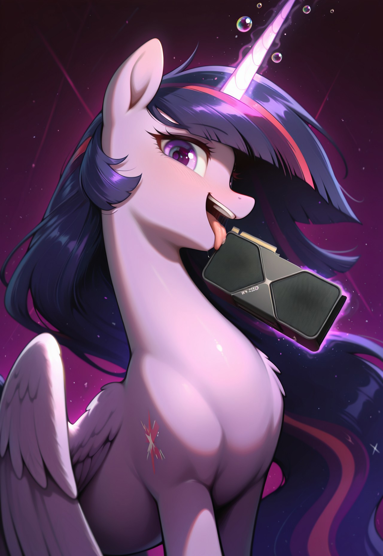 masterpiece, best quality, amazing quality, very aesthetic, absurdres, newest, solo, pony, mare, princess twilight 2, horn, wings, purple eyes, dark purple hair, long hair, rtx5090, graphics card, happy, side_view, licking, licking_graphic card, glowing horn, magic bubble, levitating x with magic