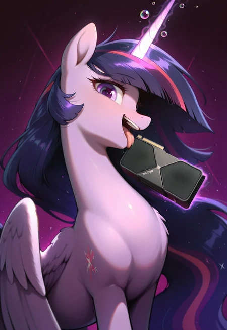 masterpiece, best quality, amazing quality, very aesthetic, absurdres, newest, solo, pony, mare, princess twilight 2, horn, wings, purple eyes, dark purple hair, long hair, rtx5090, graphics card, happy, side_view, licking, licking_graphic card, glowing horn, magic bubble, levitating x with magic