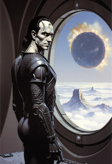frank frazetta dark fantasy oil painting closeup view of a male Cardassian alien with gray skin, forehead crest, neck ridges and scales, wearing heavy sci-fi battle armor, he has slicked back black hair, he is standing in front of a large window on a deep space station while facing and looking at the viewer, out side the window is a large wormhole in the distance and many asteroids