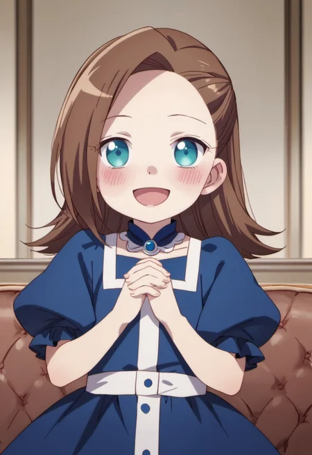 score_9, score_8_up, score_7_up, source_anime, katarina claes, female child, child, brown hair, blue eyes, 1girl, solo, own hands together, smile, open mouth, blue dress, short sleeves, dress, blush, :d, looking at viewer, puffy sleeves