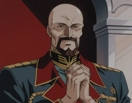 <lora:IL_Aiguille_Delaz:1>,1man,Aiguille Delaz,General's uniform,bald,
facial hair,
brown hair,
black eyes,adult,elder,own hands clasped,smile,, masterpiece,best quality,amazing quality,uncensored