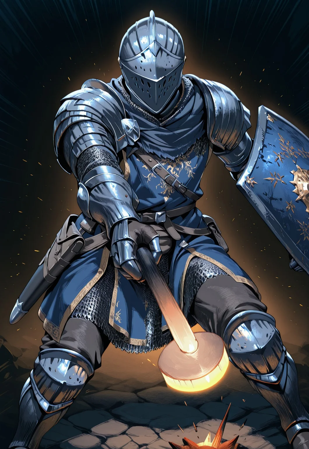 1boy, elite knight dark souls knight, armor, helmet, shoulder armor pauldrons, gauntlets, chainmail, blue embroidered tabard, shield, boots, glowing weapon, single handle, male holding branding iron, incoming attack, aiming at viewer, emphasis lines, masterpiece, best quality, amazing quality,