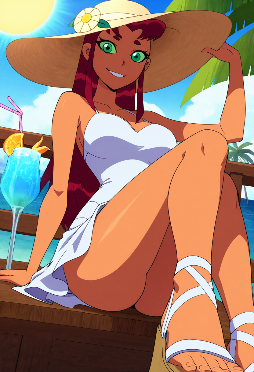 masterpiece, best quality, solo, curvy, beautiful eyes,  narrow waist, wide hips,  strfr, green eyes, red hair, long hair, colored sclera, green sclera, smile, looking at viewer,   ,       <lora:StarfireTT_IXL:1.0>,   dynamic angle, foreshortening, close up, [Tropical Summer Escape], White sundress, wide-brimmed sun hat, open-toe sandals, windswept hair, Sitting at an outdoor café table under palm trees, sipping from a vivid tropical drink with two straws as ocean breeze tousles the dress in golden sunlight.