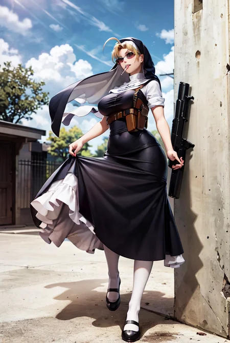 (masterpiece, best quality:1.2), eda, black lagoon, 1girl, solo, blonde hair, looking at viewer, handgun, blue eyes, black footwear, nun, weapon, day, sky, huge breasts, gun, sunglasses, cloud, dress, outdoors, smoke, smoking, habit, cigarette, holster, white pantyhose, tree, blue sky, ahoge, pantyhose <lora:EDA-15:0.8>