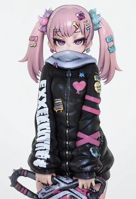 masterpiece, best quality, zzH0ld, looking at viewer, simple background, hair ornament, bow, holding, purple eyes, jacket, weapon, hair bow, heart, cowboy shot, hairclip, scarf, zipper, covered mouth, <lora:HoldXcute_IXL:1.0>, NyxL0v3, <lora:NyxLoveStyle_IXL:0.8>,