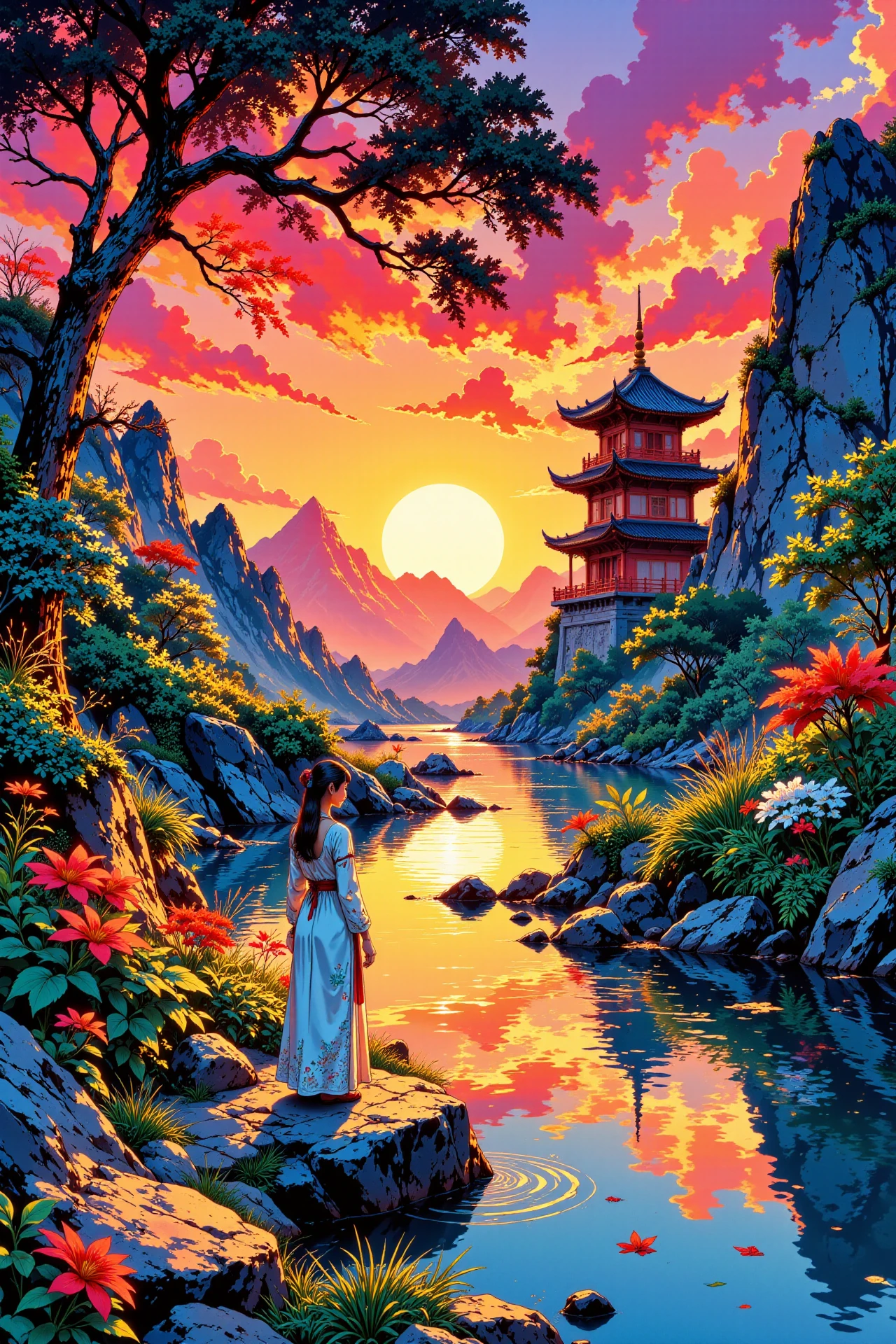 paradise beautiful landscape, sunset, woman, very intricate, very detailed, sharp, bright, colorful, <lora:Hand v2:0.5> <lora:Anti-Blur:1><lora:Insane Detail Slider:0.25>  <lora:flux.1_lora_flyway_Epic-detail_v2:0.3> <lora:fluxenhancer:0.25> <lora:ROWER:0.6> <lora:flux-charmer-v1-1:0.4><lora:Vibrantly_Sharp_style_v.5:0.4> <lora:realanime:0.7> <lora:Chinese_Ink:0.3> chinese ink style