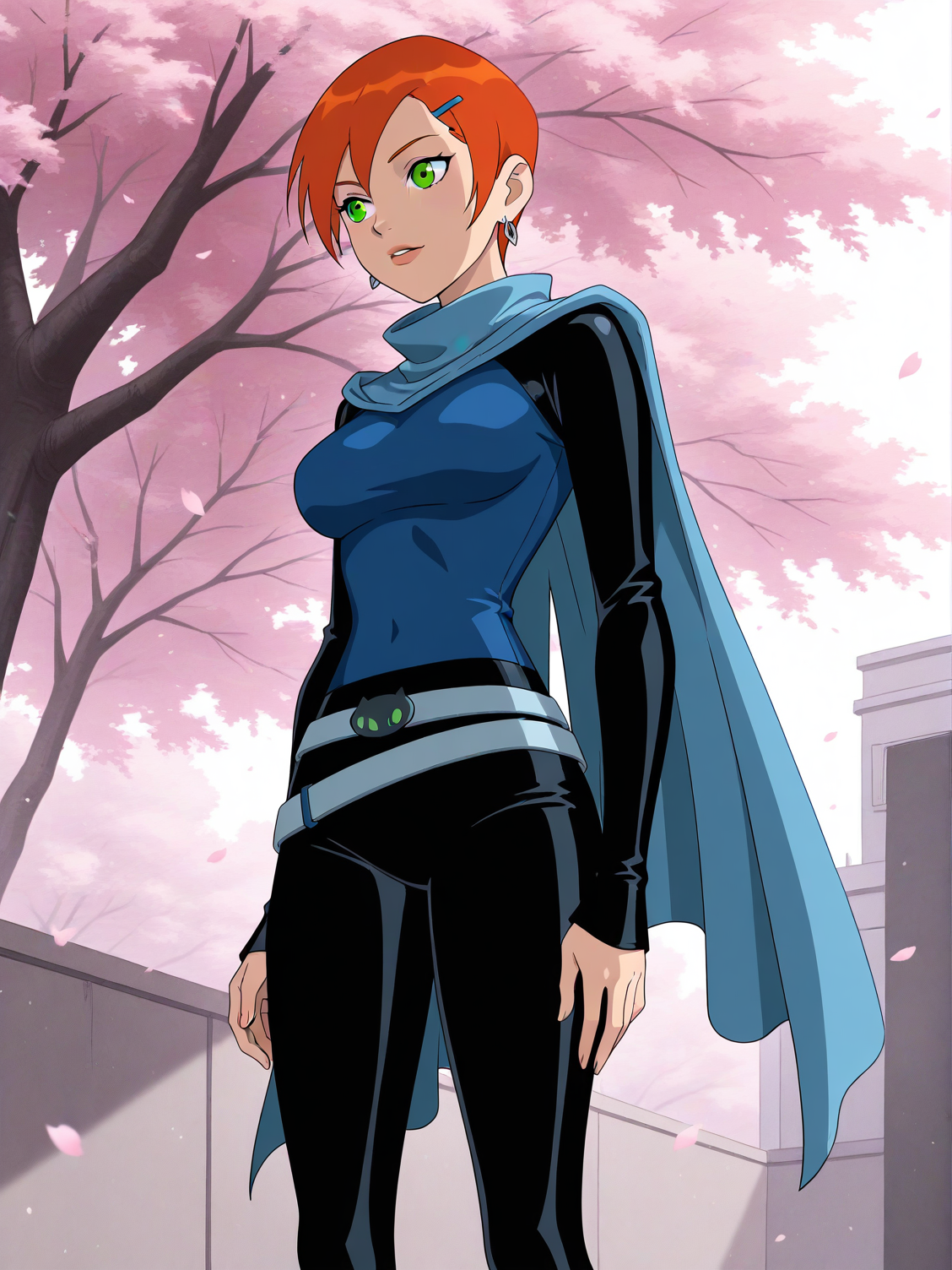 (b10-gwen-future aged up blue hoodie cape black pants belt:1.50),
b10-gwen, red hair, short hair, green eyes, hairclip, 
1girl, (solo:1.20), skinny,
(masterpiece, best quality, amazing quality, absurdres, high quality, highres, masterpiece), 
happy,
,
(feet:0.90), 
BREAK,
cherry blossoms,
,
(cartoon),
medium breasts,
<lora:b10-gwen-V02-illXL-000003:0.80>