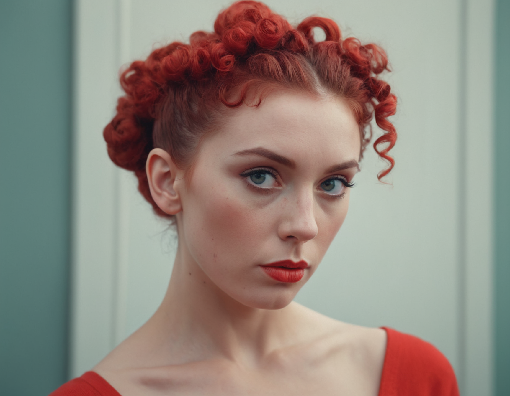cinematic photo analog style portrait of an Digital art of northern irish woman with Red Chignon hair , photorealistic, curly hair, highly detailed, artstation, smooth, sharp focus, art by michael whelan, artgerm, Darek Zabrock . wes anderson movie, still from stanley kubrick movie, 35mm photograph, film, bokeh, professional, 4k, highly detailed