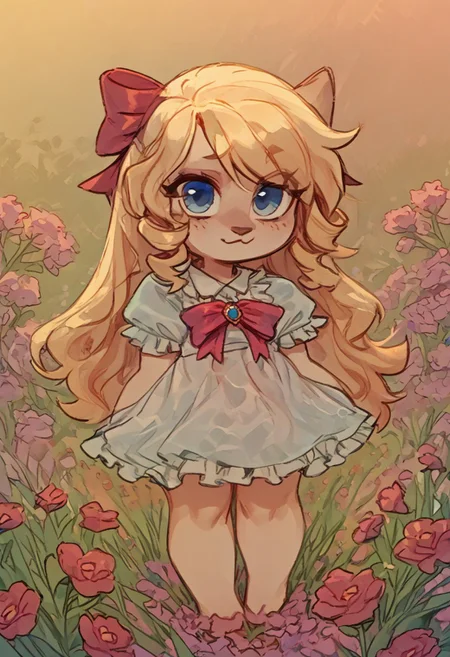 NEGATIVE_HANDS, fcNeg, csr style, gclearstyle, Art by Phallusbro[STYLE], Phallusbro[STYLE], furry, furry art, Cartoony, Cartoon like, cutesy style, , chibi, ojou curls
detailed, HD, uploaded to e621, painting, painted, shaded, soft, clean lines, game CG, official art, 
animalistic features,
1 girl, solo, long hair, blonde, frills, dress, frilled dress, ribbons, bows, cute,
dramatic lighting,
outside, spring time, flowers, flower field,