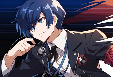 score_9, score_8_up, score_7_up, source_anime, BREAK, solo, 1boy, smirk, <lora:Under-Night-Cutin-pdxl_Fp:1>, blue background, looking to the side, striped background, <lora:MakotoP3-pdxl_Fp:1>, makotop3, school uniform, gekkoukan high school uniform, headphones, blue hair, blue eyes, short hair, black jacket, black pants, hair over one eye, ribbon, armband, long sleeves,