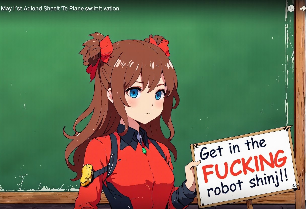 The video is an illustration of a girl with long brown hair and blue eyes. She is wearing a red and black suit with a green button on the chest. She has two red bows on her head and is holding a sign that reads "Get in the FUCKING robot shinji!" The girl appears to be standing in front of a green wall.