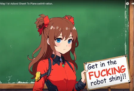 The video is an illustration of a girl with long brown hair and blue eyes. She is wearing a red and black suit with a green button on the chest. She has two red bows on her head and is holding a sign that reads "Get in the FUCKING robot shinji!" The girl appears to be standing in front of a green wall.