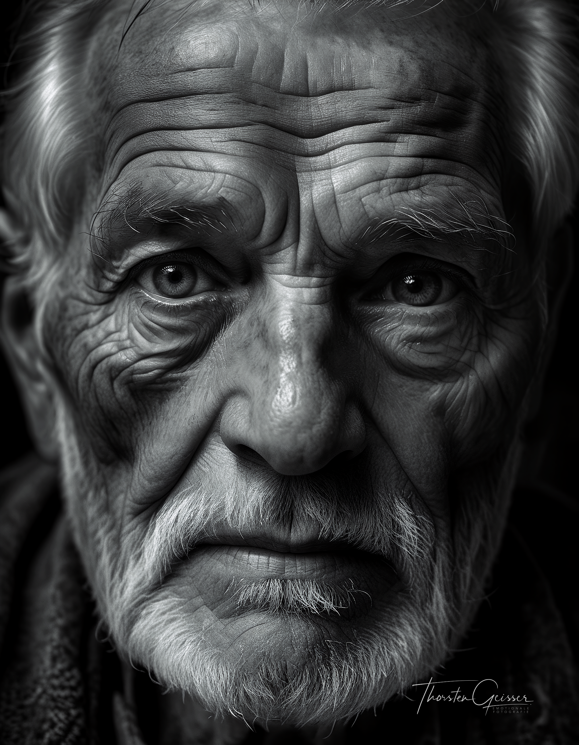 cinematic photo A high-resolution, black and white close-up portrait of an elderly man, his face etched with the wisdom and experiences of a lifetime. His skin is weathered and lined, a testament to the years he has lived and the stories he carries. His eyes, the focal point of the image, are bright and piercing, their irises filled with intricate details and subtle reflections of light. The depth and complexity of his gaze draw the viewer in, inviting them to contemplate the rich tapestry of his life. The background is a deep, velvety black, isolating the man's face and intensifying the emotional impact of his expression. The lighting is dramatic, highlighting the contours of his face and accentuating the wrinkles and creases that tell his story. The overall effect is one of profound depth and character, a portrait that captures the essence of a life well-lived in timeless black and white.     . 35mm photograph, film, bokeh, professional, 4k, highly detailed
