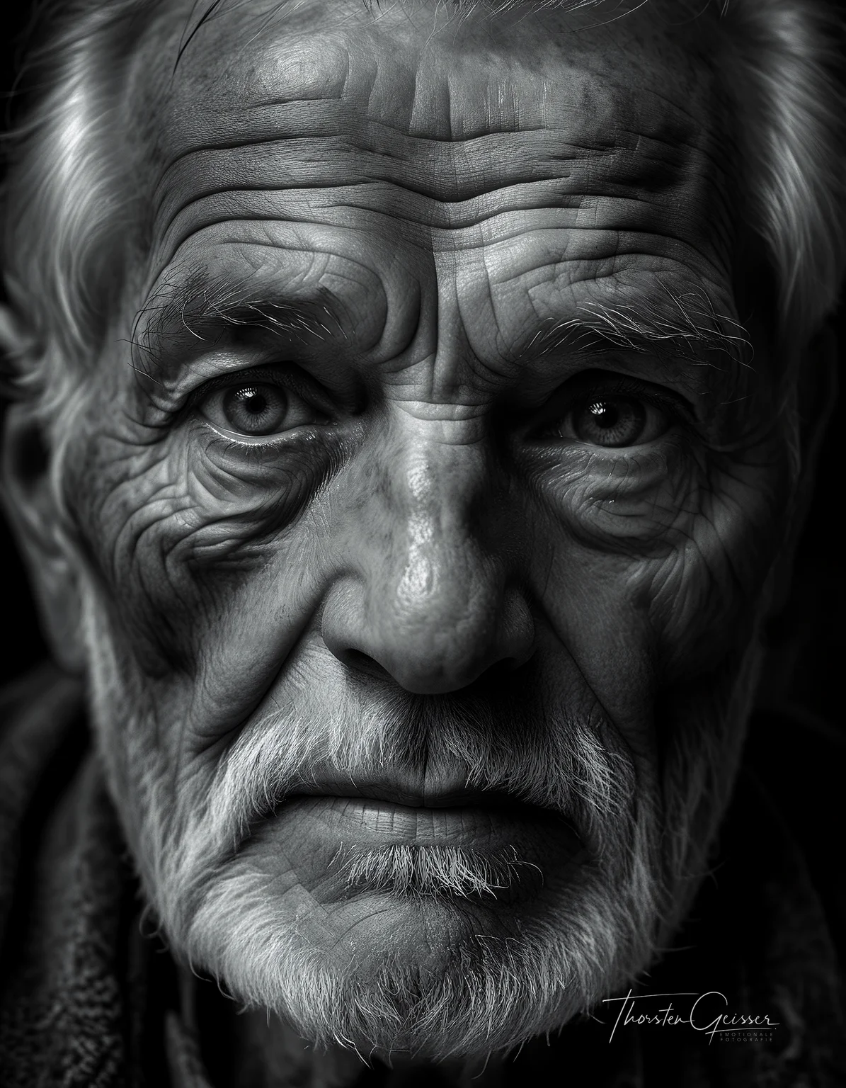 cinematic photo A high-resolution, black and white close-up portrait of an elderly man, his face etched with the wisdom and experiences of a lifetime. His skin is weathered and lined, a testament to the years he has lived and the stories he carries. His eyes, the focal point of the image, are bright and piercing, their irises filled with intricate details and subtle reflections of light. The depth and complexity of his gaze draw the viewer in, inviting them to contemplate the rich tapestry of his life. The background is a deep, velvety black, isolating the man's face and intensifying the emotional impact of his expression. The lighting is dramatic, highlighting the contours of his face and accentuating the wrinkles and creases that tell his story. The overall effect is one of profound depth and character, a portrait that captures the essence of a life well-lived in timeless black and white.     . 35mm photograph, film, bokeh, professional, 4k, highly detailed
