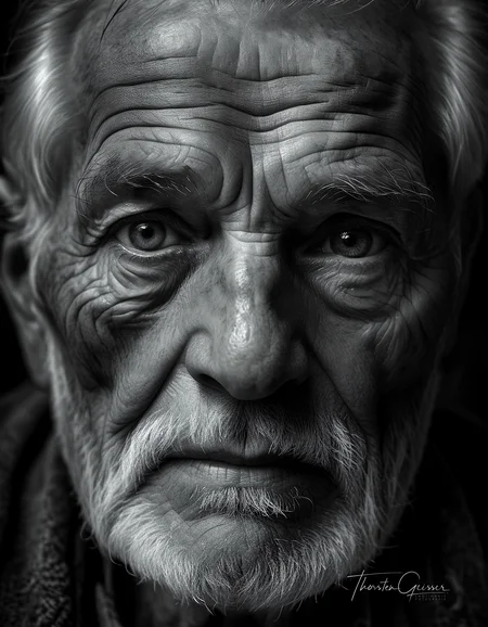cinematic photo A high-resolution, black and white close-up portrait of an elderly man, his face etched with the wisdom and experiences of a lifetime. His skin is weathered and lined, a testament to the years he has lived and the stories he carries. His eyes, the focal point of the image, are bright and piercing, their irises filled with intricate details and subtle reflections of light. The depth and complexity of his gaze draw the viewer in, inviting them to contemplate the rich tapestry of his life. The background is a deep, velvety black, isolating the man's face and intensifying the emotional impact of his expression. The lighting is dramatic, highlighting the contours of his face and accentuating the wrinkles and creases that tell his story. The overall effect is one of profound depth and character, a portrait that captures the essence of a life well-lived in timeless black and white.     . 35mm photograph, film, bokeh, professional, 4k, highly detailed