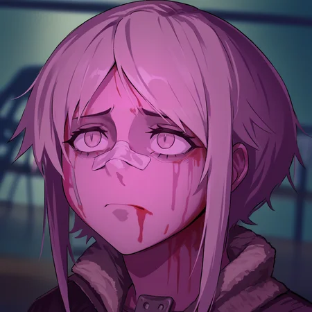 score_9, score_8_up, score_7_up, score_6_up, score_5_up, score_4_up, zPDXL2,source_anime,rating_questionable, <lora:Blade_Runner_Meme:1> Blad3Runner, closed mouth, portrait, blood on face, bandaid on nose, bandaid on face,blurry background, pink lighting,night, dark