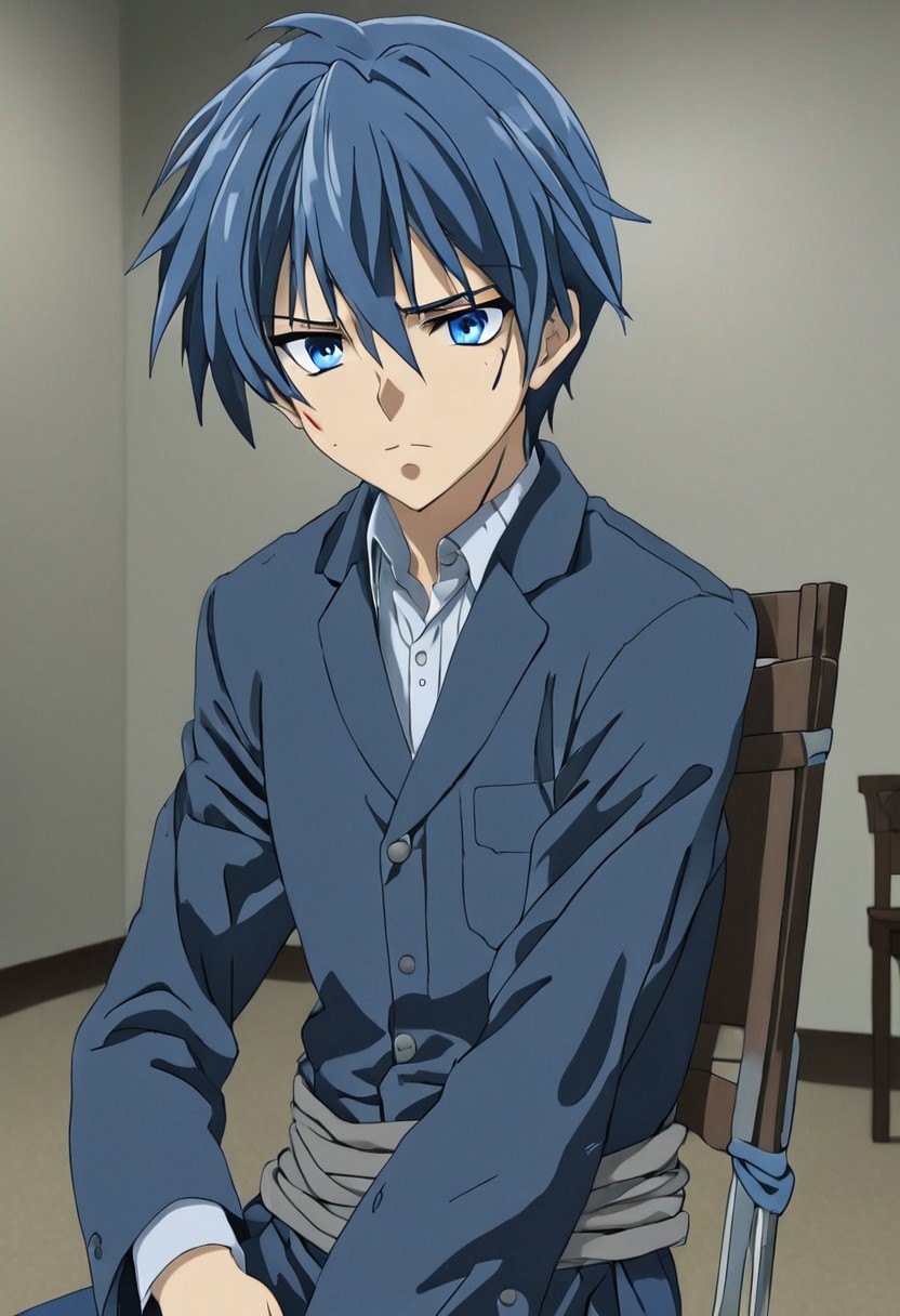 high resolution, solo, best quality, 1Boy, Tomoya Okazaki, Grey Blue Hair, blue eyes, Tied to chair, grimacing, restrained, pained,