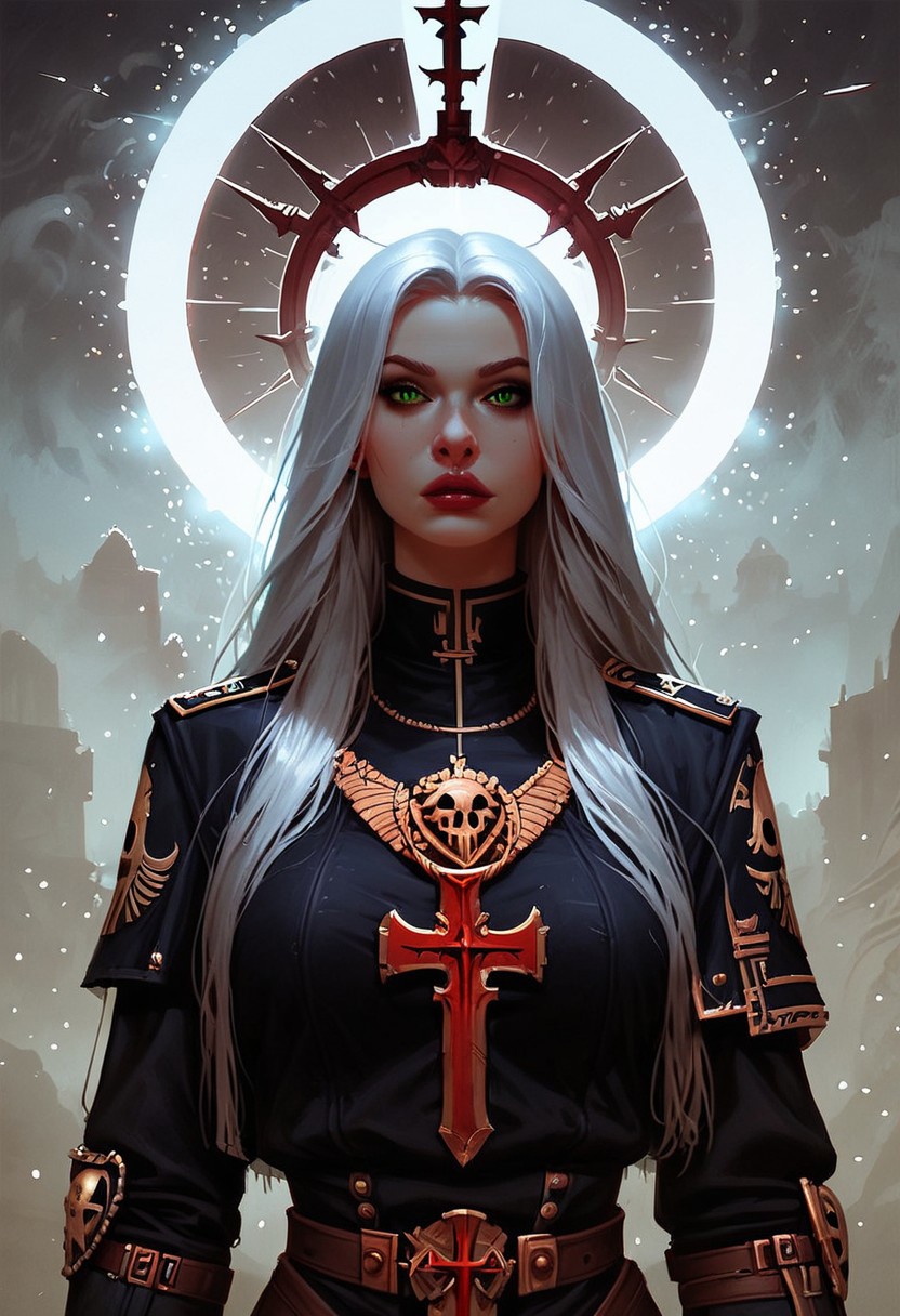score_9, score_8_up, score_7_up, score_6_up, a sister of battle, battle nun, armored, bolter gun, kneeling with her bolter gun, unity 8k wallpaper, amazing quality, masterpiece, best quality, detailed hair, detailed skin, volumetric lighting, hyper detailed, ultra detailed, UHD, dof, hyper-realism, majestic, extremely detailed, subsurface scattering, awesome, inspiring, warhammer 40k, kneeling by a grave, by night in a mystic floating particles forest, small luminous particles in darkness, white hair, long hair, slim body, toned body, green eyes, halfbody, closeup portrait of adepta sororitas, warhammer 40k, sister of battle nun, stands in the wind of a dusty desert in front of a Large fresh grave. holds an old, impressively large warhammer and bolter pistol, exuding a laid-back yet dangerous vibe. The photo features faded colors, with a limited palette of gray, beige, and washed-out red, capturing her cool, striking appearance. cinematic composition, soft shadows, national geographic style,