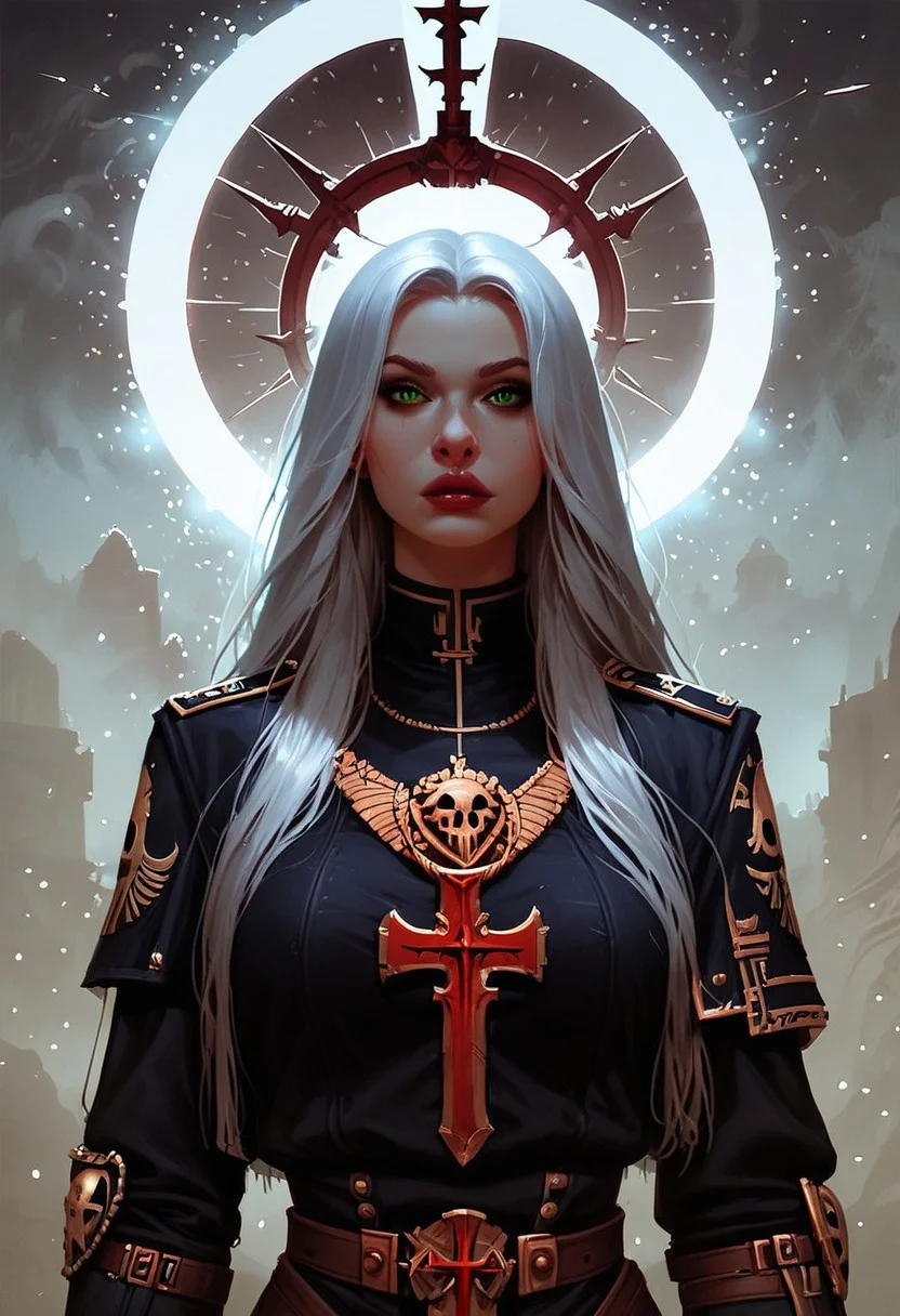 score_9, score_8_up, score_7_up, score_6_up, a sister of battle, battle nun, armored, bolter gun, kneeling with her bolter gun, unity 8k wallpaper, amazing quality, masterpiece, best quality, detailed hair, detailed skin, volumetric lighting, hyper detailed, ultra detailed, UHD, dof, hyper-realism, majestic, extremely detailed, subsurface scattering, awesome, inspiring, warhammer 40k, kneeling by a grave, by night in a mystic floating particles forest, small luminous particles in darkness, white hair, long hair, slim body, toned body, green eyes, halfbody, closeup portrait of adepta sororitas, warhammer 40k, sister of battle nun, stands in the wind of a dusty desert in front of a Large fresh grave. holds an old, impressively large warhammer and bolter pistol, exuding a laid-back yet dangerous vibe. The photo features faded colors, with a limited palette of gray, beige, and washed-out red, capturing her cool, striking appearance. cinematic composition, soft shadows, national geographic style,
