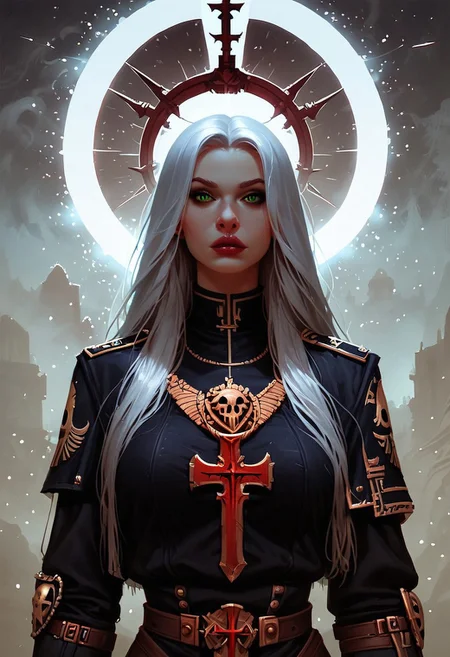 score_9, score_8_up, score_7_up, score_6_up, a sister of battle, battle nun, armored, bolter gun, kneeling with her bolter gun, unity 8k wallpaper, amazing quality, masterpiece, best quality, detailed hair, detailed skin, volumetric lighting, hyper detailed, ultra detailed, UHD, dof, hyper-realism, majestic, extremely detailed, subsurface scattering, awesome, inspiring, warhammer 40k, kneeling by a grave, by night in a mystic floating particles forest, small luminous particles in darkness, white hair, long hair, slim body, toned body, green eyes, halfbody, closeup portrait of adepta sororitas, warhammer 40k, sister of battle nun, stands in the wind of a dusty desert in front of a Large fresh grave. holds an old, impressively large warhammer and bolter pistol, exuding a laid-back yet dangerous vibe. The photo features faded colors, with a limited palette of gray, beige, and washed-out red, capturing her cool, striking appearance. cinematic composition, soft shadows, national geographic style,
