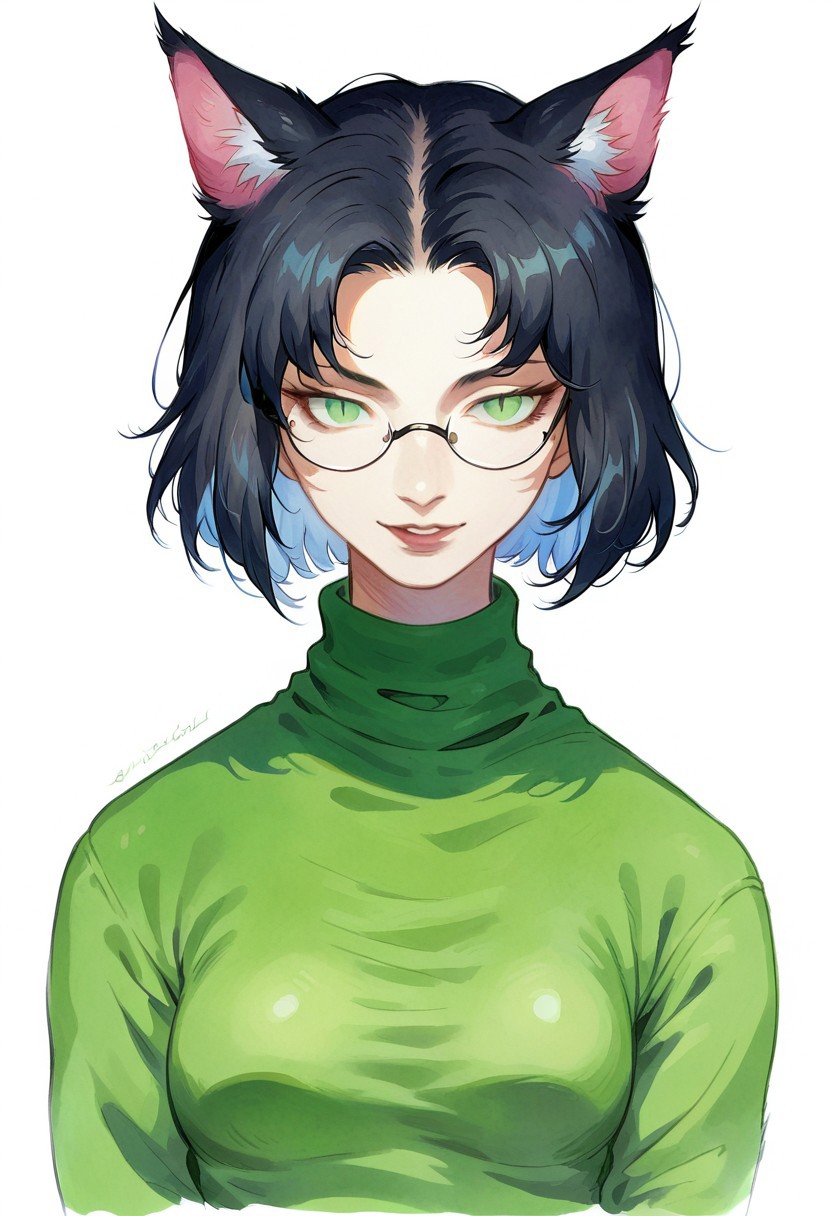 score_9, score_8_up, score_7_up, score_6_up, 1girl, solo, simple background, looking at viewer, cat ears, animal ears, black hair, medium hair, straight hair, bangs, black cat tail, green eyes, slit pupils, small breasts, round rimless glasses, parted lips, smile, green sweater, traditional media, watercolor, sketch,