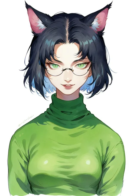 score_9, score_8_up, score_7_up, score_6_up, 1girl, solo, simple background, looking at viewer, cat ears, animal ears, black hair, medium hair, straight hair, bangs, black cat tail, green eyes, slit pupils, small breasts, round rimless glasses, parted lips, smile, green sweater, traditional media, watercolor, sketch,