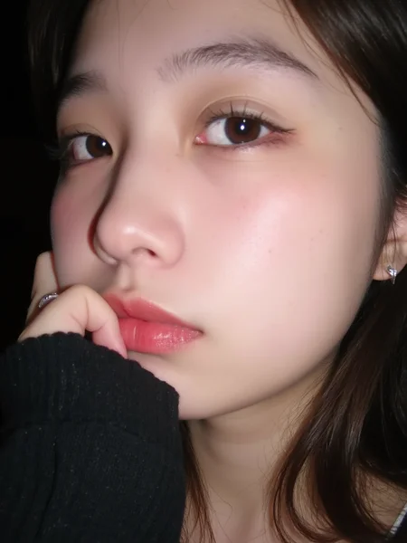 The image is a close-up photograph of a young Asian woman with a fair complexion. Her face dominates the frame, occupying the majority of the image, with her eyes, nose, and lips prominently visible. She has large, almond-shaped eyes with long, thick eyelashes, and her skin is smooth and soft. Her lips are full and slightly parted, revealing a natural, rosy hue. She wears a small silver stud earring in her left ear, adding a subtle touch of personal style.
Her hair is long, dark brown with subtle highlights, and it partially covers her forehead, giving a slightly tousled, casual look. The background is out of focus, but it appears to be a dark, possibly indoor setting, which emphasizes her face and provides a stark contrast to her light complexion. She is wearing a black garment, possibly a top or a sleeve, which is visible at the bottom of the image. The overall mood of the photograph is intimate and personal, capturing a candid moment with a natural, unfiltered aesthetic.