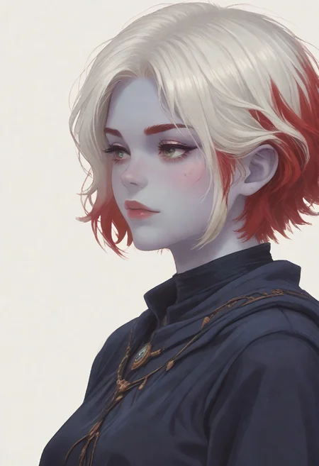 score_8_up, score_7_up, score_6_up, dnd <lora:dnd_flat:0.95> 1girl tiefling, portrait, short horns, blue skin <lora:Crude:0.6> (wizard clothes:1.2) , jewelry, short BOB hair, WHITE hair, close up, side view, RED HAIR
WHITE BACKGROUND