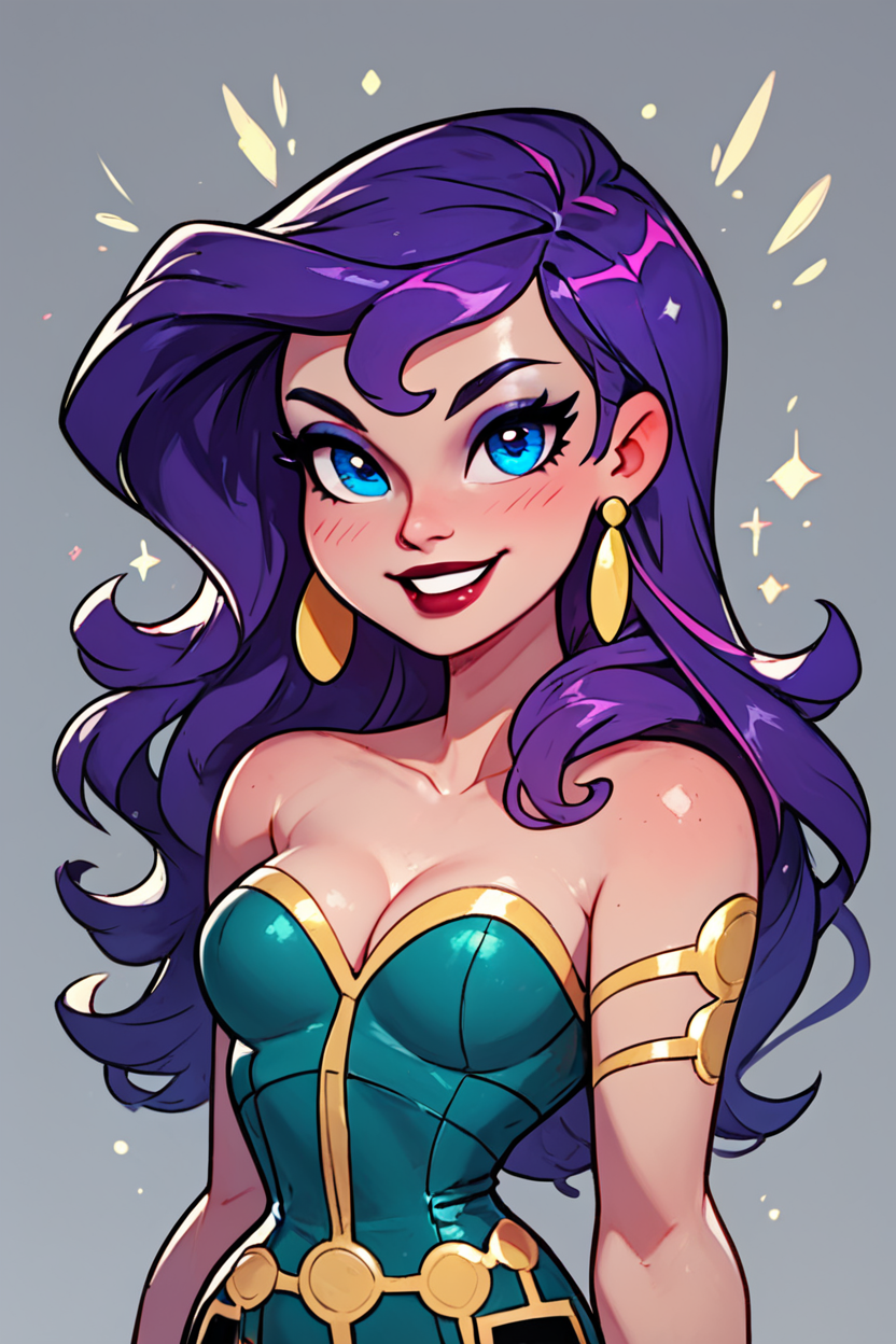 score_9, score_8_up, score_8, medium breasts, (curvy), cute, eyelashes,       BREAK, , ,,,    zzCirce, blue eyes, purple hair, long hair, bare shoulders, jewelry, earrings, makeup, lipstick, cleavage,  ,<lora:Circe_JLU_PDXL:1.0>,   ,,, , BREAK, smile, looking at viewer, cowboy shot, ,,, embedding:zPDXL, Expressiveh, ,,, <lora:CuteToonPDXL:0.8>, <lora:SDXLFaeTastic2400:0.5>, <lora:Expressive_H-000001:0.4>,