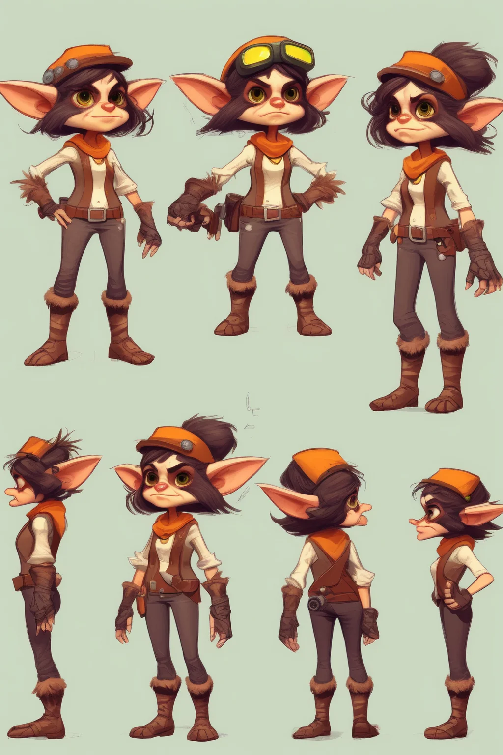 <lora:Character Design:1>Character Design - A character design sheet for a cute gremlin engineer girl daul wielding pistols for a super hero movie