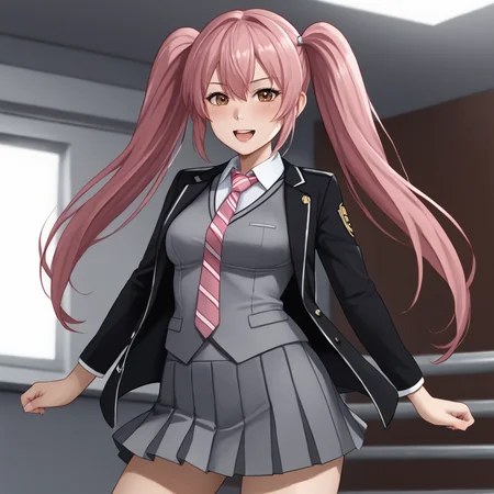 <lora:NocePinkGirl_pony_v1:0.8> PinkGirl, 1girl, solo, twintails, medium breasts, long hair brown eyes, pink hair, cowboy shot <lora:1014 Home wear 32_v1_pony:1> uanyi1014,black jacket,grey skirt,grey vest,pleated skirt,striped necktie,clasp,