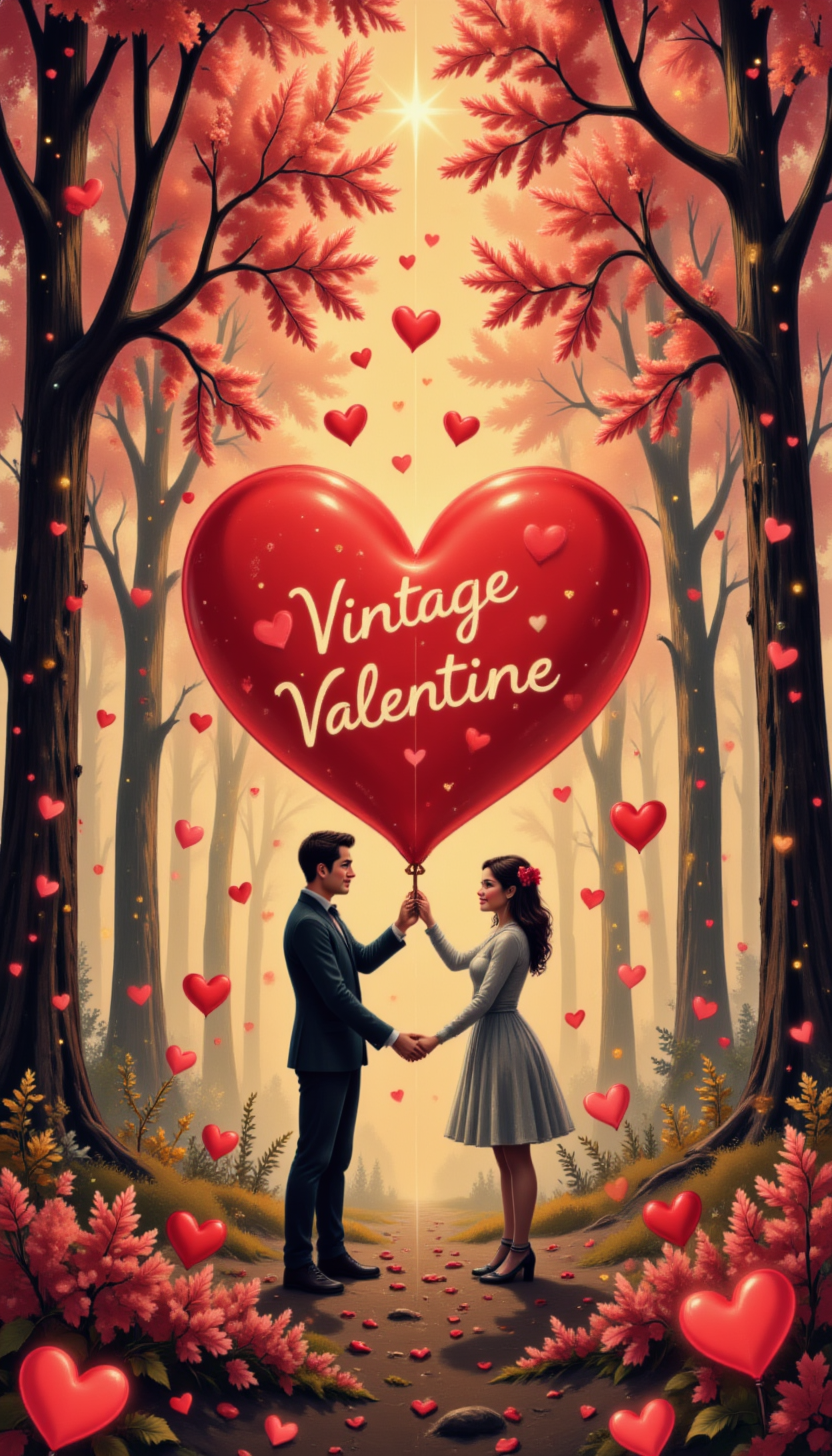 pinkvintagevalentine,
A couple holding a big red heart in a forest full of glowing hearts, with text: "Vintage Valentine" well-written on the heart.