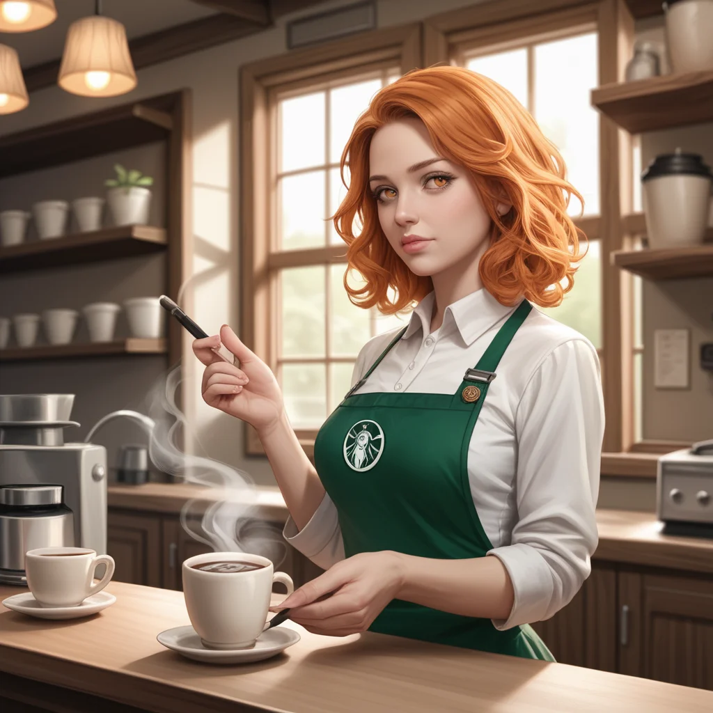 uncensored, score_9, score_8_up, score_7_up, score_6_up, score_5_up, score_4_up, 1girl, medium breasts, a skilled woman barista making coffee in a cozy cafe, warm ambient lighting, detailed interior, artstation, digital painting, character design, steam rising from fresh coffee, intricate coffee art in the cup, soft textures, realistic shading, by Thomas Kinkade and Artgerm, 4k resolution, cinematic, masterpiece,
<lora:StellaComposite_NotARealPerson_v2.0_PDXL:0.8> stellacomposite, realistic, lips, black and orange hair, victory rolls hair style, Amber colored eyes,,