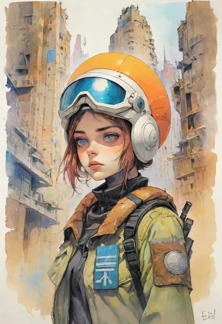 ASCIIgraphic novel of a {Girl, stern look, skinny, helmet and sci-fi uniform, science fiction, post-apocalypse, dystopian future of a ruined world in the background, (Watercolor brush:0.125) and (pastel crayons:1.25)}, Comic book cover by (Enki Bilal:1.36)
